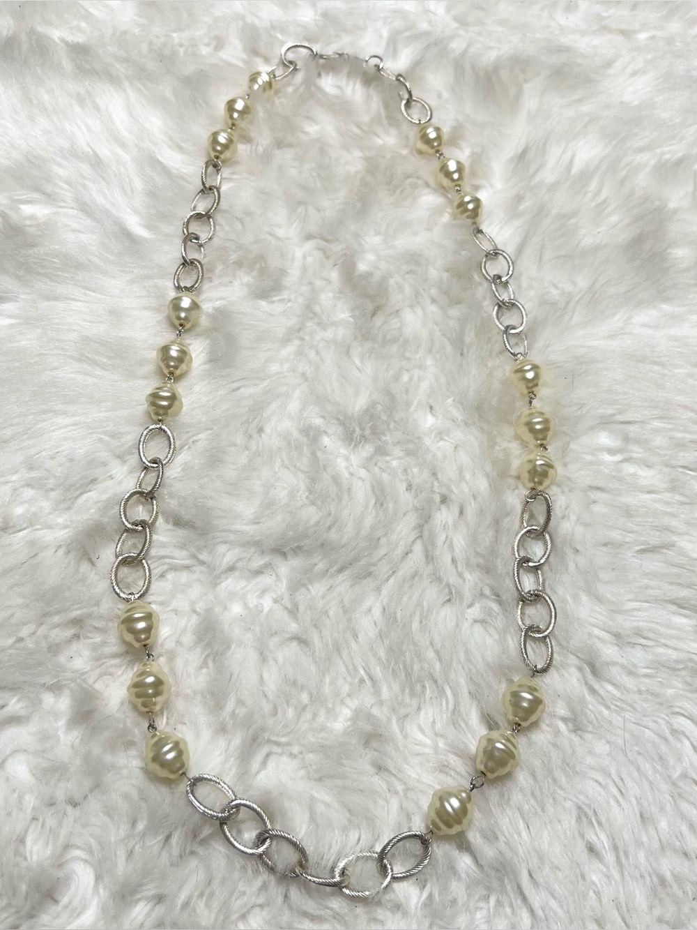 Elegant Ivory Pearl and Silver Tone Chain Necklace